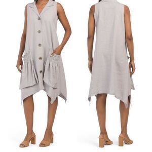 For Cynthia Linen Blend Shark Bite Hem Shirt Dress Size S